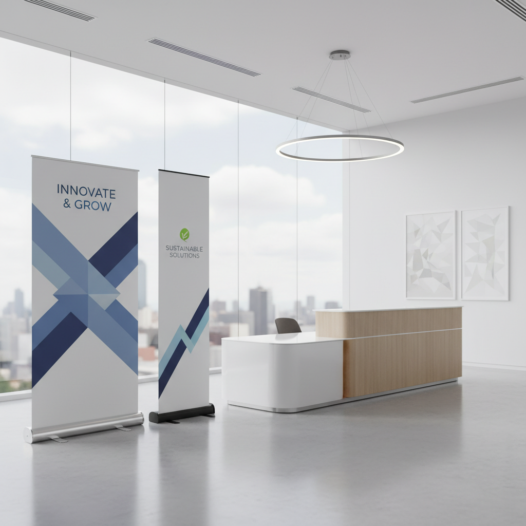 Professional showroom featuring high-quality pull up banner stands south africa in a modern office setup.