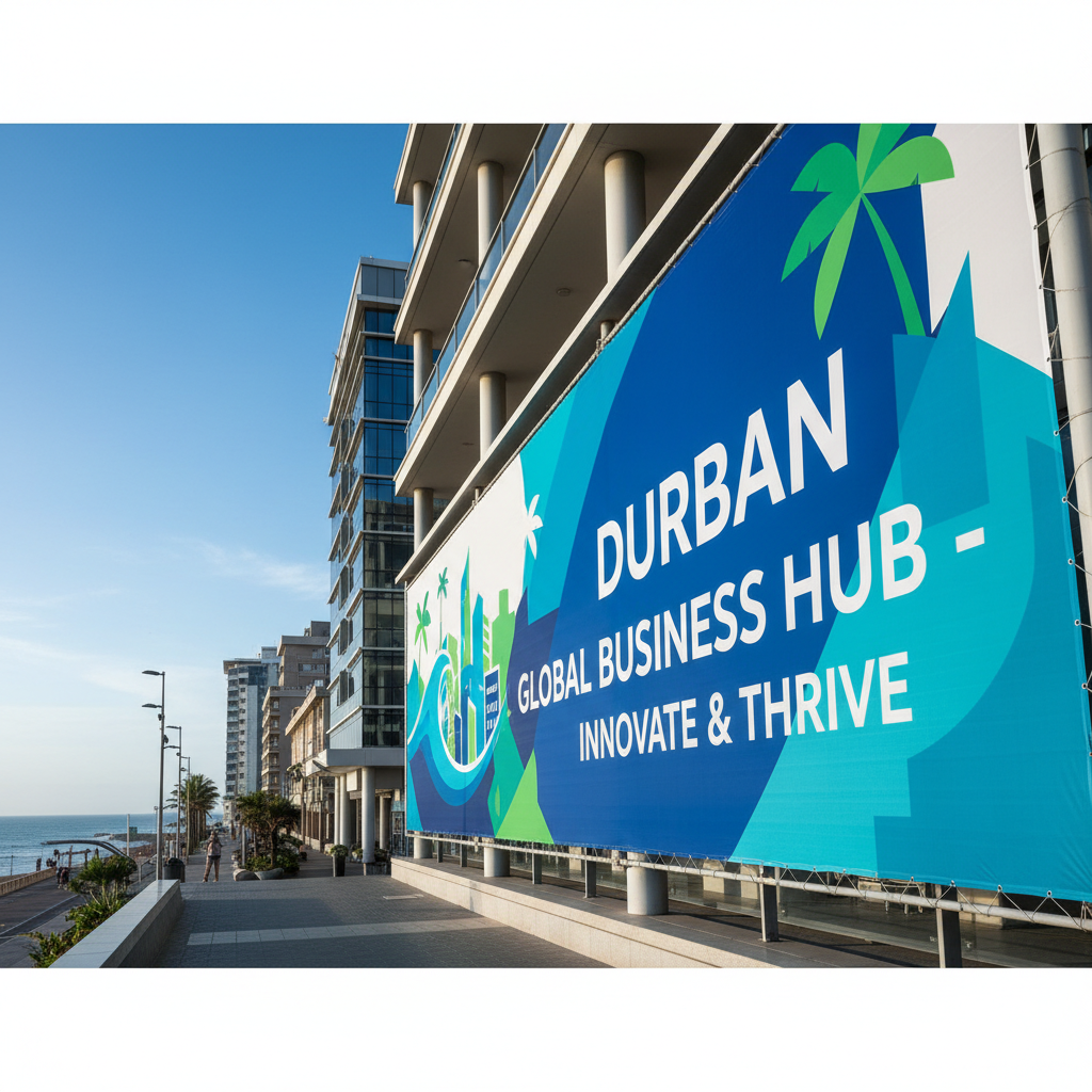 Large format PVC banner hanging in a sunny urban area, choosing banner fabrics for outdoor promotions for maximum durability.