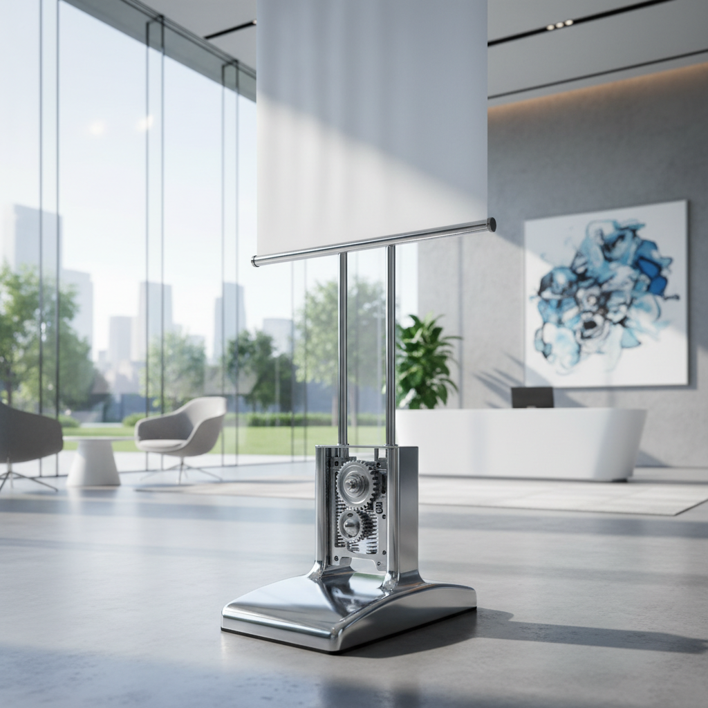 Premium chrome pull-up stand featuring deluxe banner display mechanisms durban in a modern lobby.