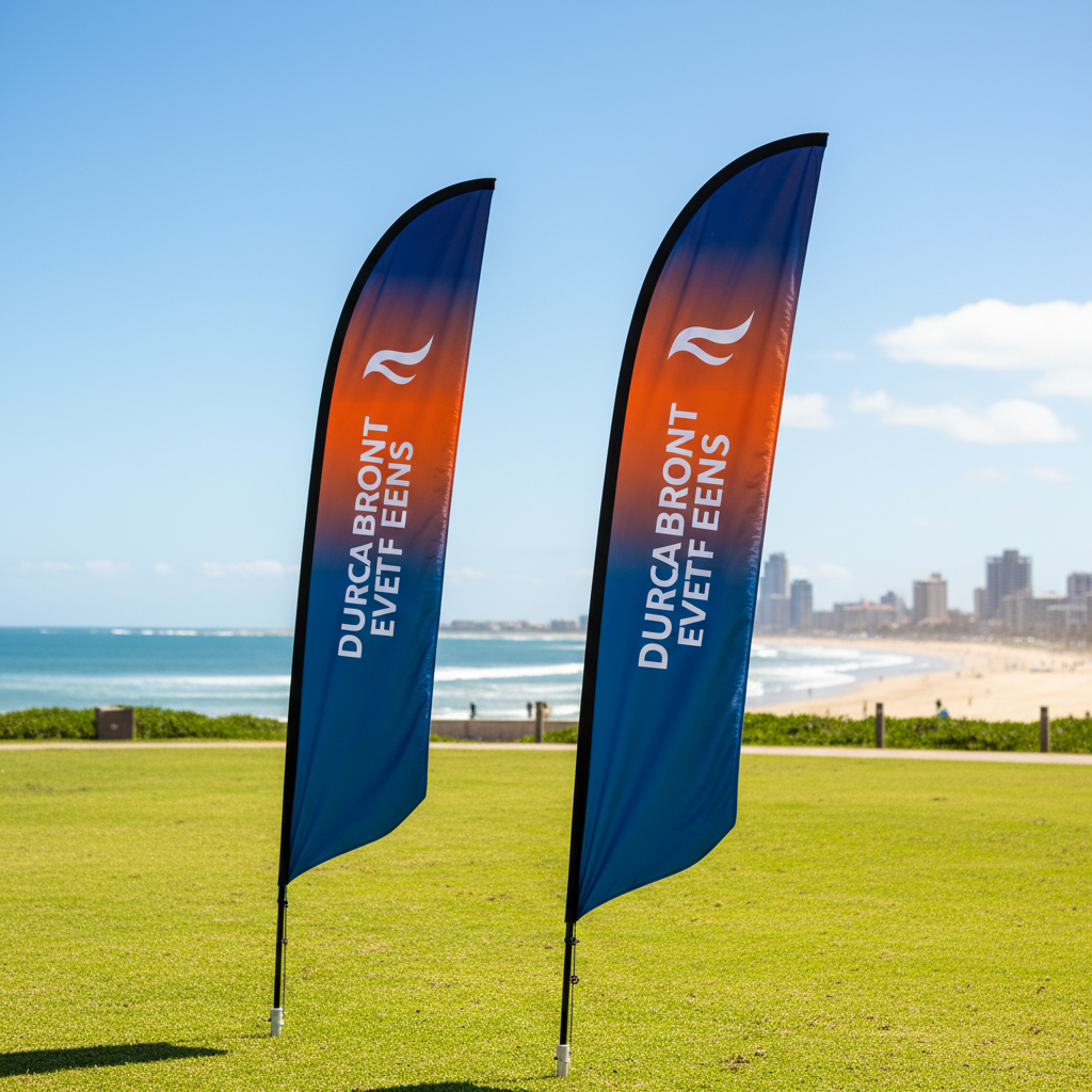 Two vibrant blue and white branding banners showing the best fabric for teardrop flags at a sunny outdoor event.