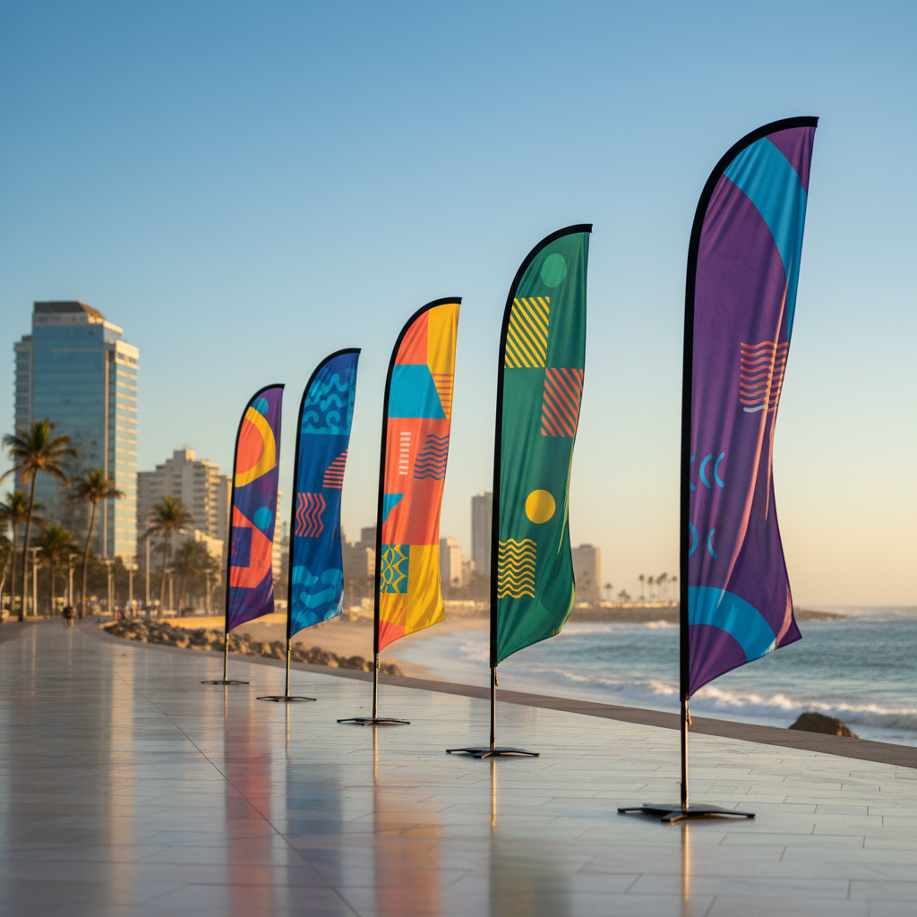 Outdoor promotional event featuring printed teardrop banner stands on a sunny Durban beachfront walk.