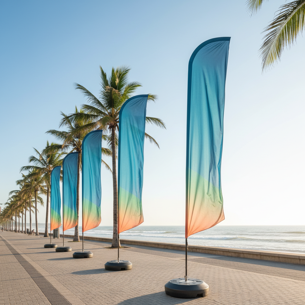 Vibrant outdoor event setup featuring a teardrop banner durban on a sunny coastal promenade.